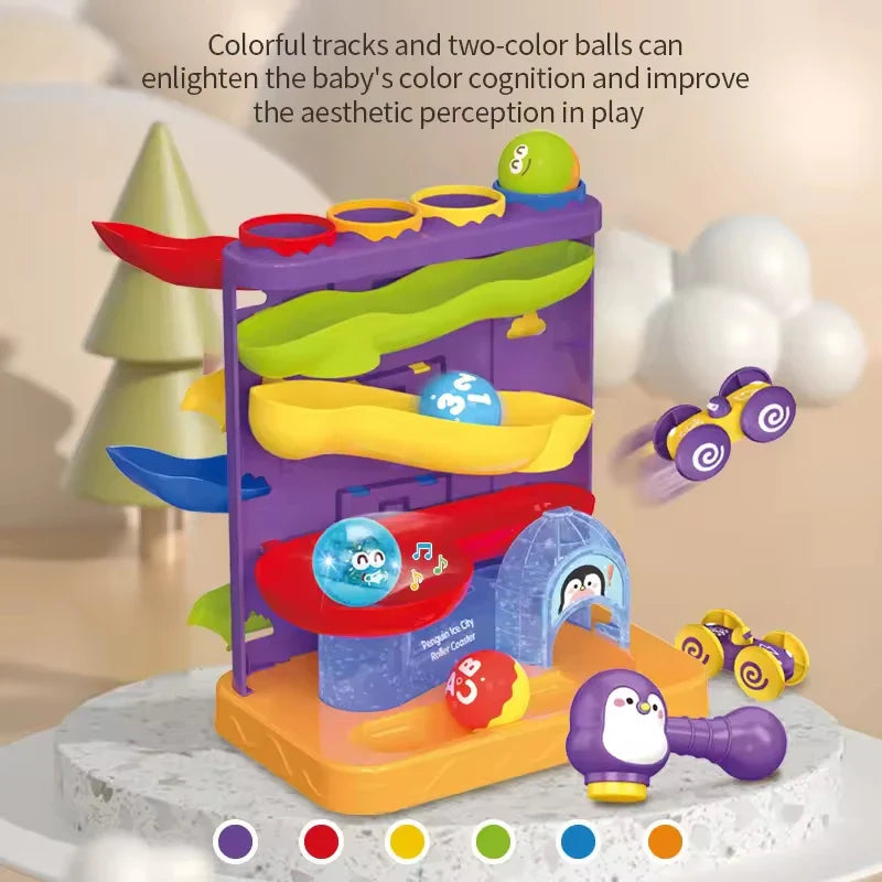 HKM-664467 Three-in-One Penguin Rolling Ball Toy Track for Kids Ages 2-7 - Educational Plastic Roller Coaster Game