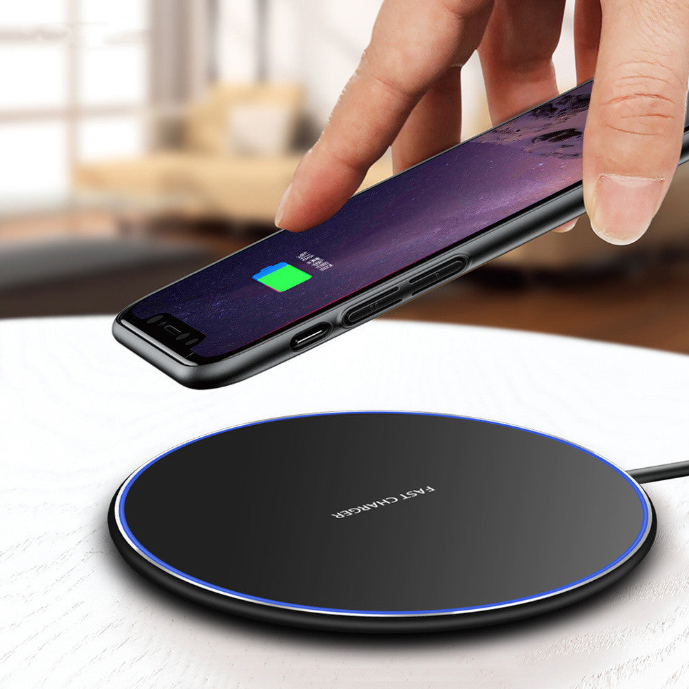 HKM-664595 Ultra-thin 10W Qi Wireless Charger with ABS and Aluminum Alloy Design, Micro USB Input, 100cm Cable, Black