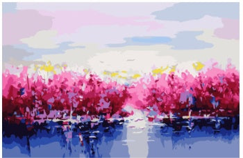 KTX-664915 Digital Oil Painting DIY Landscape Art Kit - City Silhouette, Spring Flowers, Ginkgo Tree, Romantic Woods, 40x50cm, Unframed