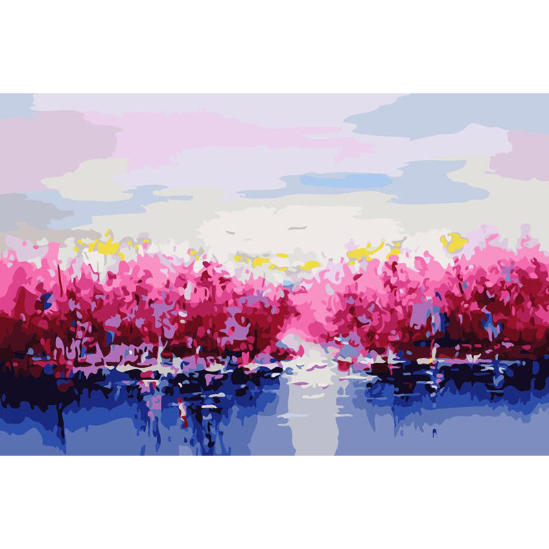 KTX-664915 Digital Oil Painting DIY Landscape Art Kit - City Silhouette, Spring Flowers, Ginkgo Tree, Romantic Woods, 40x50cm, Unframed