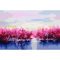 HKM-664915 Digital Oil Painting DIY Landscape Art Kit - City Silhouette, Spring Flowers, Ginkgo Tree, Romantic Woods, 40x50cm, Unframed