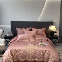 HKM-665363 Elegant European Style 4-Piece Cotton and Ice Silk Bedding Set with Embroidered Quilt Cover and Pillowcases
