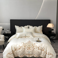 HKM-665363 Elegant European Style 4-Piece Cotton and Ice Silk Bedding Set with Embroidered Quilt Cover and Pillowcases