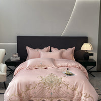 HKM-665363 Elegant European Style 4-Piece Cotton and Ice Silk Bedding Set with Embroidered Quilt Cover and Pillowcases