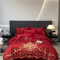HKM-665363 Elegant European Style 4-Piece Cotton and Ice Silk Bedding Set with Embroidered Quilt Cover and Pillowcases