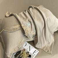 HKM-665363 Elegant European Style 4-Piece Cotton and Ice Silk Bedding Set with Embroidered Quilt Cover and Pillowcases