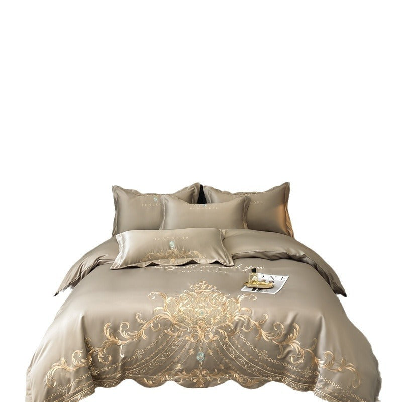 HKM-665363 Elegant European Style 4-Piece Cotton and Ice Silk Bedding Set with Embroidered Quilt Cover and Pillowcases