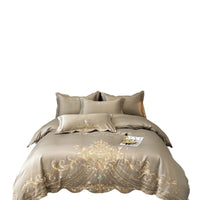 HKM-665363 Elegant European Style 4-Piece Cotton and Ice Silk Bedding Set with Embroidered Quilt Cover and Pillowcases