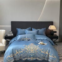 HKM-665363 Elegant European Style 4-Piece Cotton and Ice Silk Bedding Set with Embroidered Quilt Cover and Pillowcases