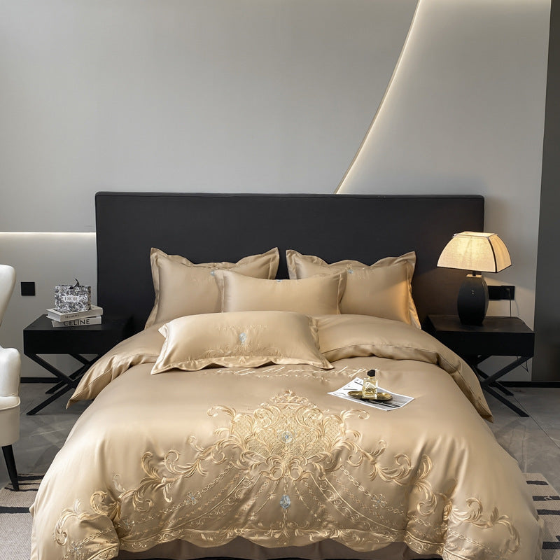 HKM-665363 Elegant European Style 4-Piece Cotton and Ice Silk Bedding Set with Embroidered Quilt Cover and Pillowcases