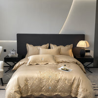 HKM-665363 Elegant European Style 4-Piece Cotton and Ice Silk Bedding Set with Embroidered Quilt Cover and Pillowcases