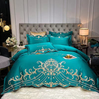 HKM-665363 Elegant European Style 4-Piece Cotton and Ice Silk Bedding Set with Embroidered Quilt Cover and Pillowcases