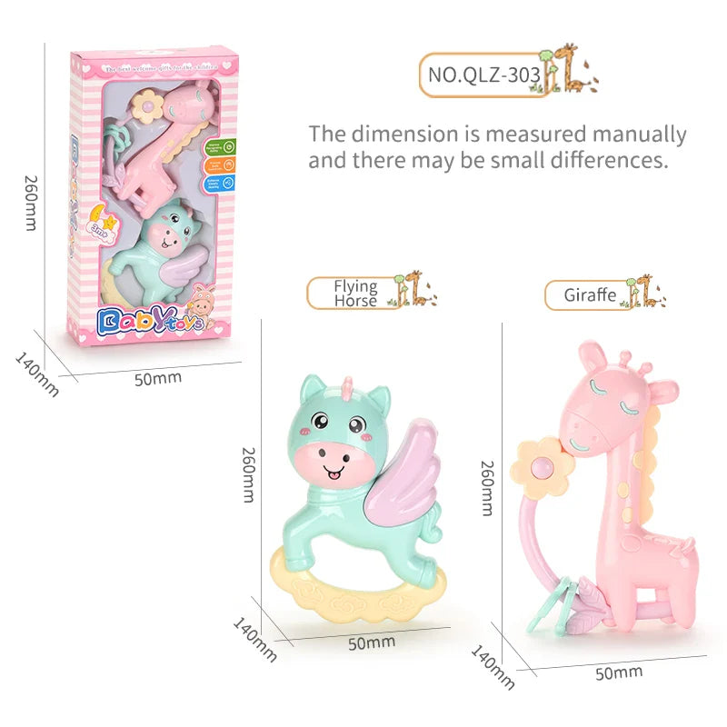 HKM-665939 Newborn Musical Handbell Rattle Toy Set – Soft Plastic Giraffe & Pegasus for Babies