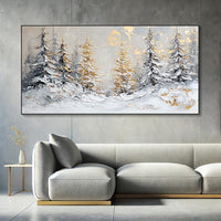 HKM-666451 Handmade Oil Painting of Snowy Winter Landscape with Golden Pine Trees on Canvas - Unframed, Rolled Artwork
