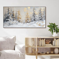 HKM-666451 Handmade Oil Painting of Snowy Winter Landscape with Golden Pine Trees on Canvas - Unframed, Rolled Artwork