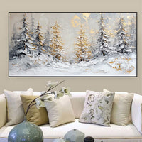 HKM-666451 Handmade Oil Painting of Snowy Winter Landscape with Golden Pine Trees on Canvas - Unframed, Rolled Artwork