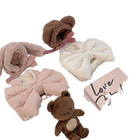 HKM-666707 Plush Autumn and Winter Dog Harness with Bow and Hat in Peach Pink and Creamy White