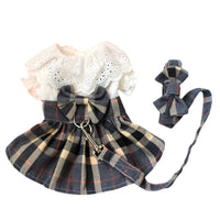 HKM-667155 Stylish Grey Plaid Dog Dress with Drawstring and Traction Rope