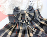HKM-667155 Stylish Grey Plaid Dog Dress with Drawstring and Traction Rope