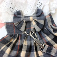 HKM-667155 Stylish Grey Plaid Dog Dress with Drawstring and Traction Rope