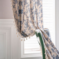 HKM-667219 Beige Cotton and Linen Half Shade Kitchen Curtain with Tassels for Small Bay Windows