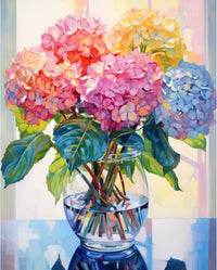HKM-667603 Hydrangea Flower Diamond Art Kit - 12x16 Inch Plastic Canvas Embroidery Set with Hummingbird and Bee Design