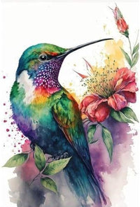 HKM-667603 Hydrangea Flower Diamond Art Kit - 12x16 Inch Plastic Canvas Embroidery Set with Hummingbird and Bee Design