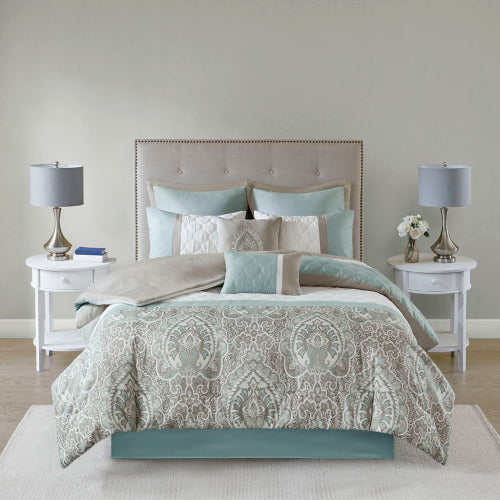 HKM-667987 Seafoam 8 Piece Queen Comforter Set with Quilted Design and Hypoallergenic Fill