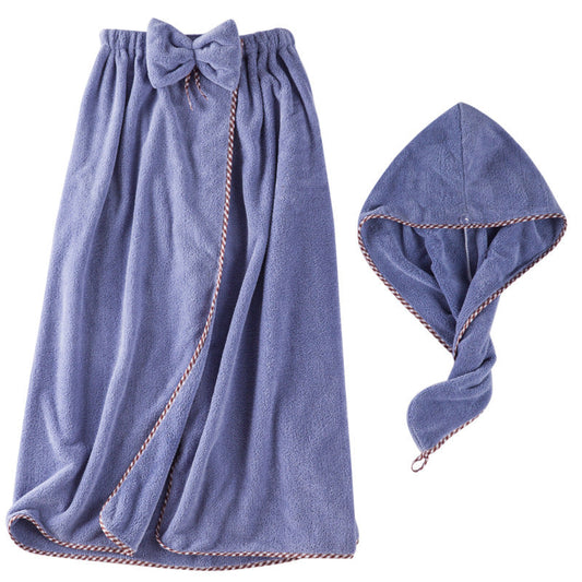 HKM-668243 Wearable Coral Fleece Bath Skirt and Hair-Drying Cap Set for Women in Various Colors
