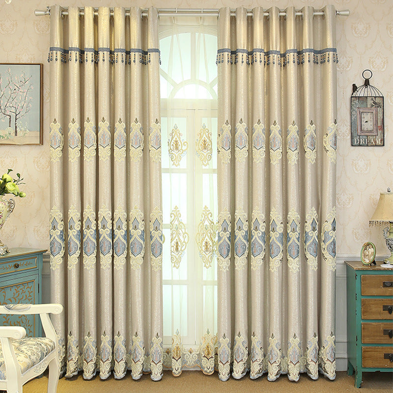 HKM-669523 Beige and Gray High Sunshade Cotton Mesh Curtains for Living Room and Bedroom