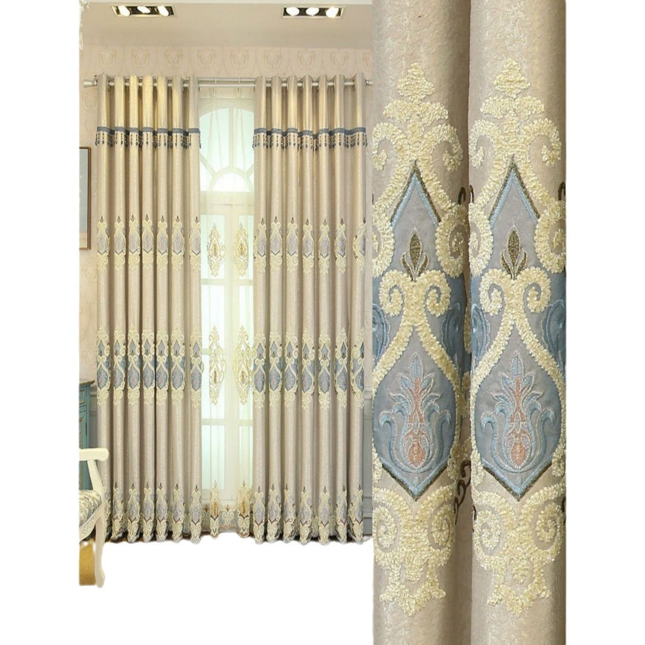 HKM-669523 Beige and Gray High Sunshade Cotton Mesh Curtains for Living Room and Bedroom