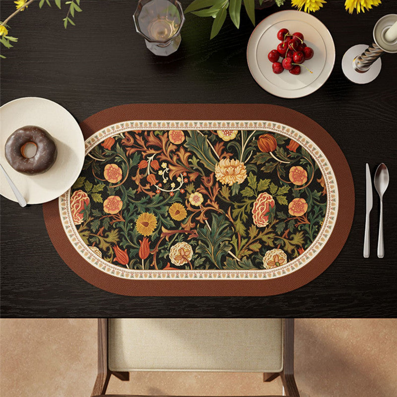 KTX-669715 Retro Flower Waterproof Oval Placemat in Orange and Green - Easy to Clean Dining Table Cushion (30 x 45 cm)