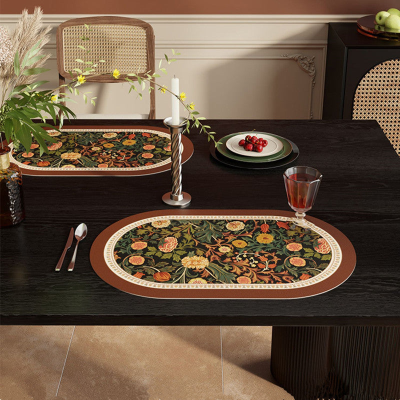 KTX-669715 Retro Flower Waterproof Oval Placemat in Orange and Green - Easy to Clean Dining Table Cushion (30 x 45 cm)