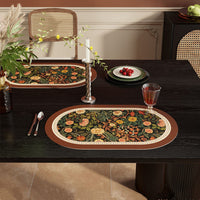 HKM-669715 Retro Flower Waterproof Oval Placemat in Orange and Green - Easy to Clean Dining Table Cushion (30 x 45 cm)
