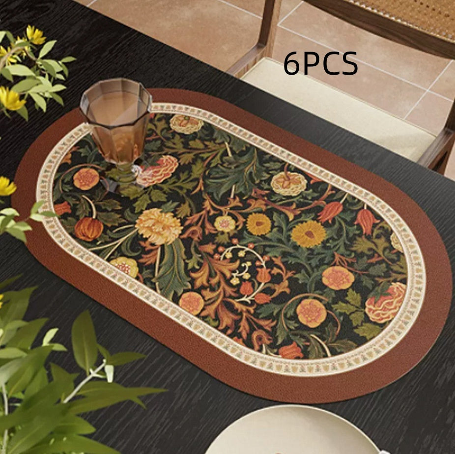 KTX-669715 Retro Flower Waterproof Oval Placemat in Orange and Green - Easy to Clean Dining Table Cushion (30 x 45 cm)