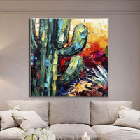 HKM-669907 Handmade Thick Oil Painting Canvas Wall Art - Unique Flower Cactus Design for Home Decor