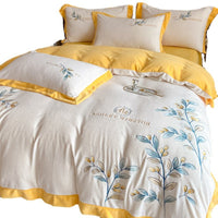 HKM-670291 Milk Velvet Embroidery Four-Piece Bedding Set - Blue, White, Pink, Floral Design for 1.5m Bed