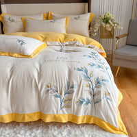 HKM-670291 Milk Velvet Embroidery Four-Piece Bedding Set - Blue, White, Pink, Floral Design for 1.5m Bed
