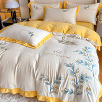 HKM-670291 Milk Velvet Embroidery Four-Piece Bedding Set - Blue, White, Pink, Floral Design for 1.5m Bed