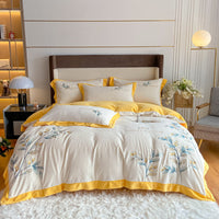 HKM-670291 Milk Velvet Embroidery Four-Piece Bedding Set - Blue, White, Pink, Floral Design for 1.5m Bed