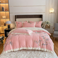 HKM-670291 Milk Velvet Embroidery Four-Piece Bedding Set - Blue, White, Pink, Floral Design for 1.5m Bed