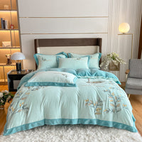 HKM-670291 Milk Velvet Embroidery Four-Piece Bedding Set - Blue, White, Pink, Floral Design for 1.5m Bed