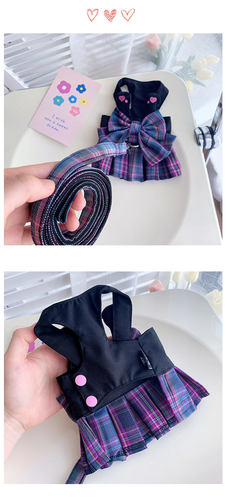 HKM-670419 Small Dog Summer K Skirt with Hand Holding Rope in JK Purple Plaid - Pet Clothing for All Occasions
