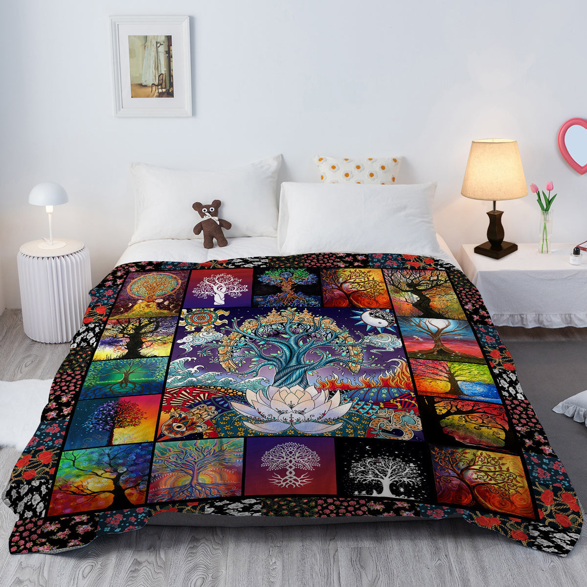 HKM-670803 Flannel Velvet Blanket with Lotus Tree Patterns - Soft, Warm, and Multifunctional for Indoor and Outdoor Use