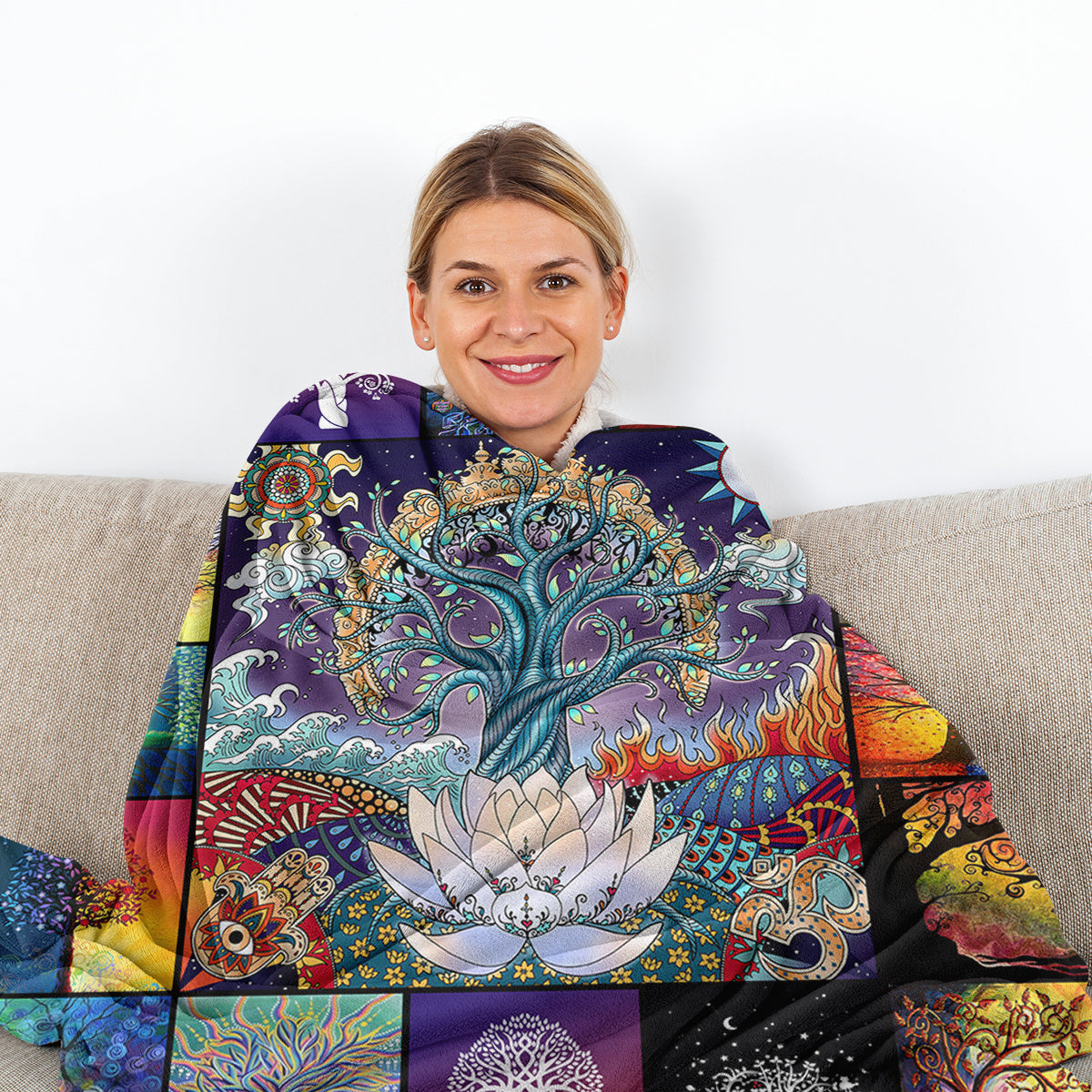 HKM-670803 Flannel Velvet Blanket with Lotus Tree Patterns - Soft, Warm, and Multifunctional for Indoor and Outdoor Use