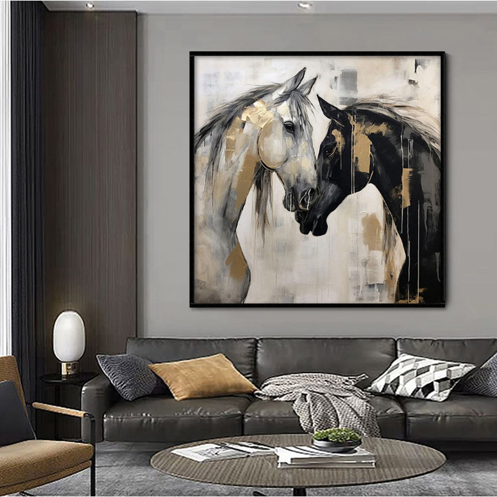 HKM-671059 Hand-Painted Abstract Horse Canvas Art - Modern Black and White Animal Painting for Home Office Decor