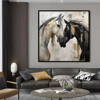 HKM-671059 Hand-Painted Abstract Horse Canvas Art - Modern Black and White Animal Painting for Home Office Decor