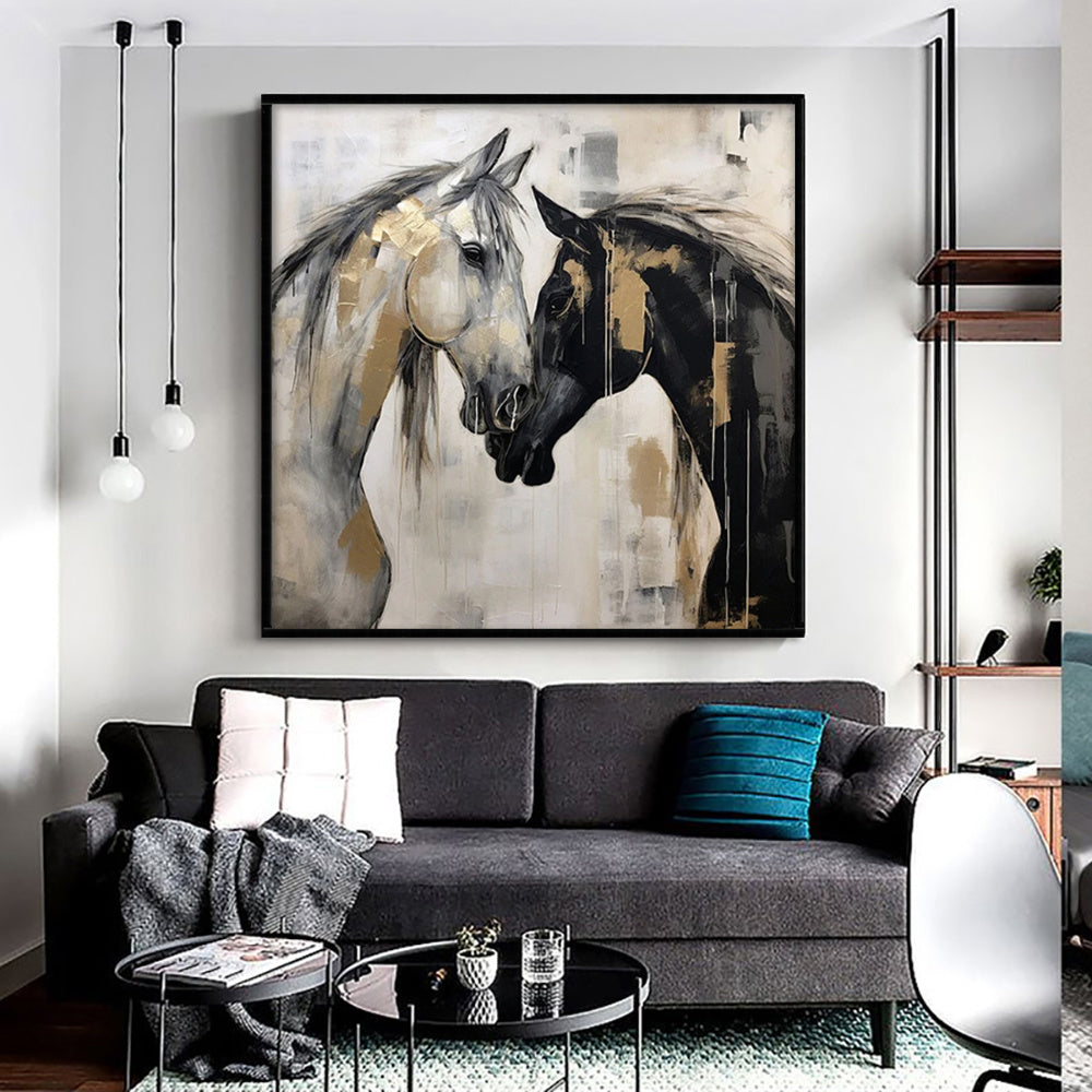 HKM-671059 Hand-Painted Abstract Horse Canvas Art - Modern Black and White Animal Painting for Home Office Decor