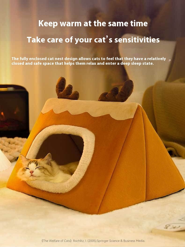 HKM-671251 Cozy Triangle Elk Nest for Cats and Dogs - Warm Winter Sleeping Bed
