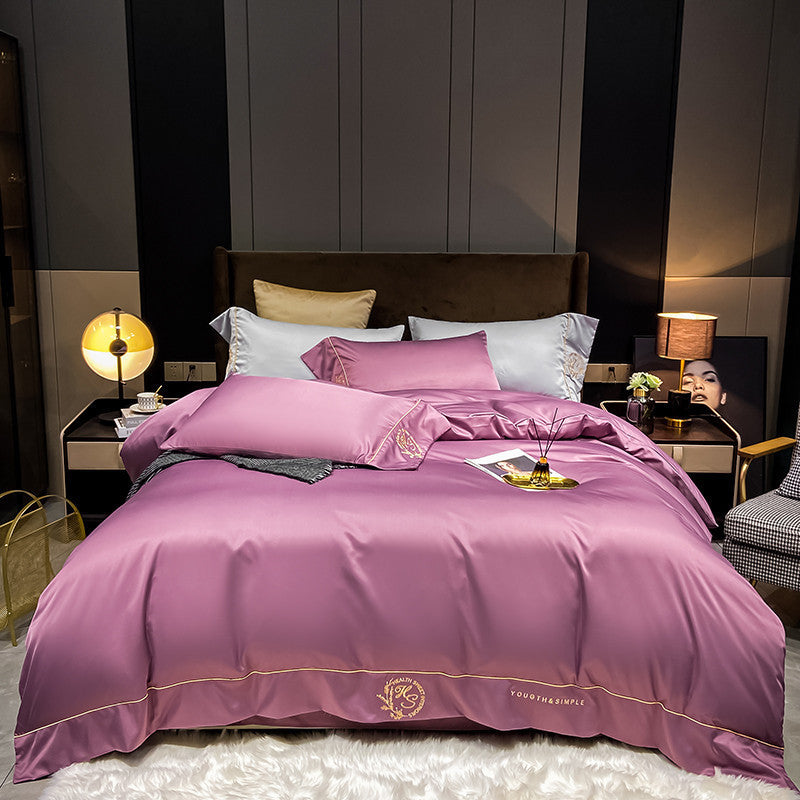 HKM-671955 Home Washed Silk 4-Piece Bedding Set in Solid Colors - Includes Quilt Cover, Bed Sheets, and Pillowcases